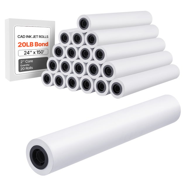Rouleau de papier a dessin SucceBuy blanc, grand format, 609,6 mm x 45,7 m, lot de 20 rouleaux pour traceur CAO, noyau 50,8 mm, adapte aux cartes SIG