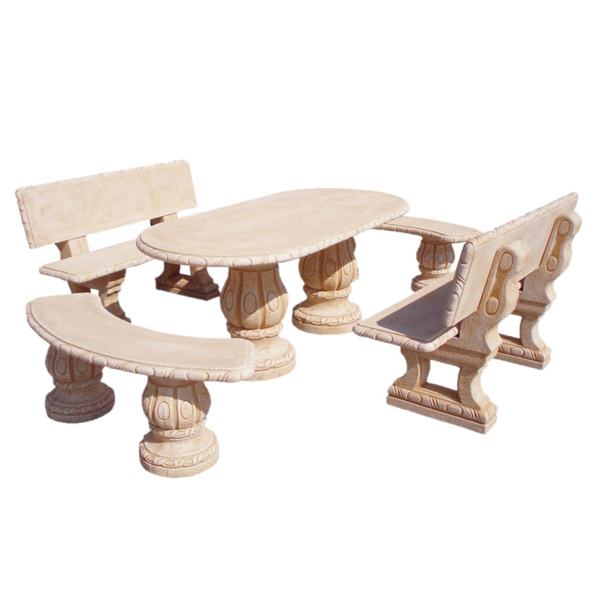 Comedor de Jardín Mesa Oval y Bancos en Hormigón Piedra 194x93cm. AZALEA con dos Respaldos - 3