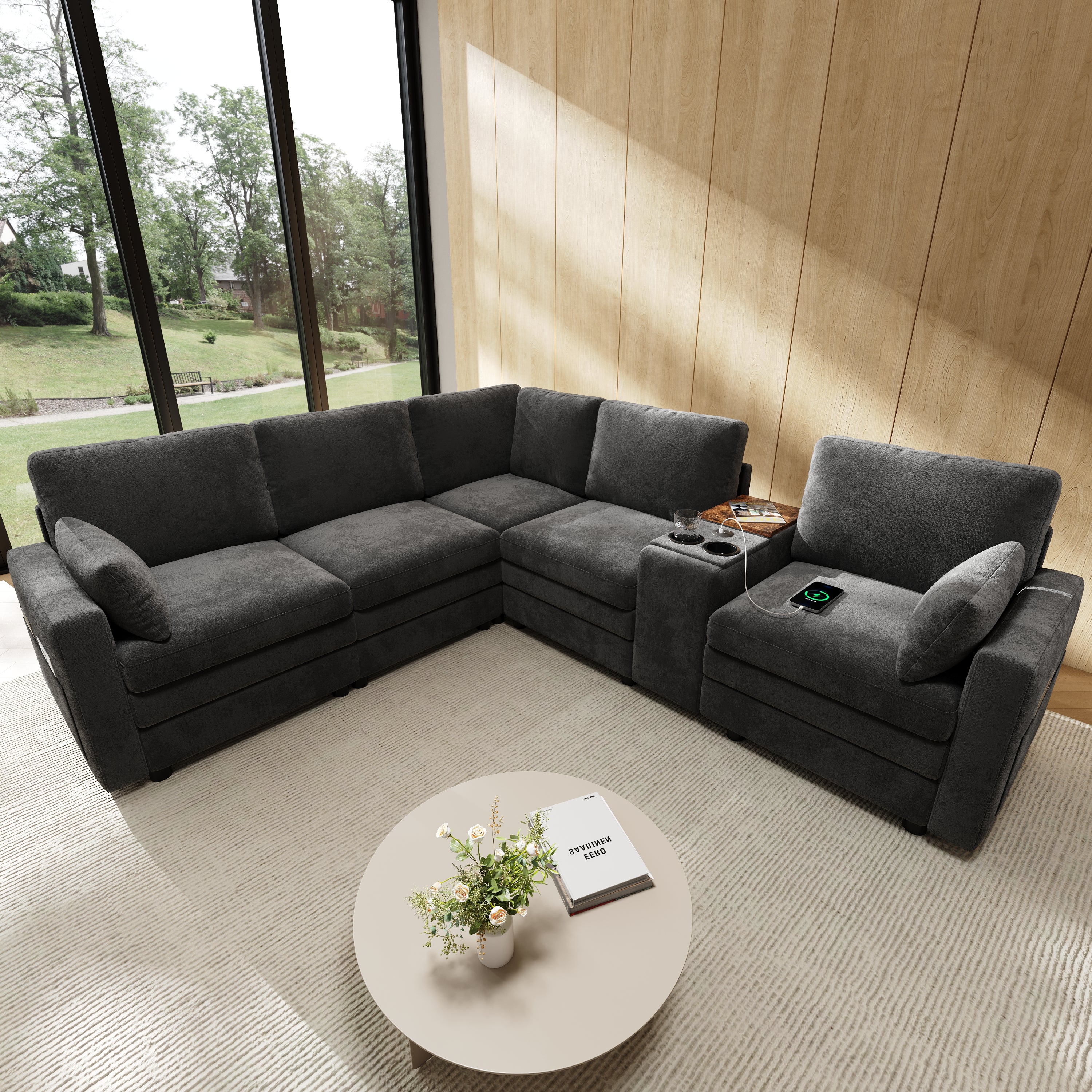 Canapé d'angle 5 places, avec console, ports USB et porte-gobelets, espace de rangement, canapé modulaire en forme L, Canapé nuage avec console, gris - 4