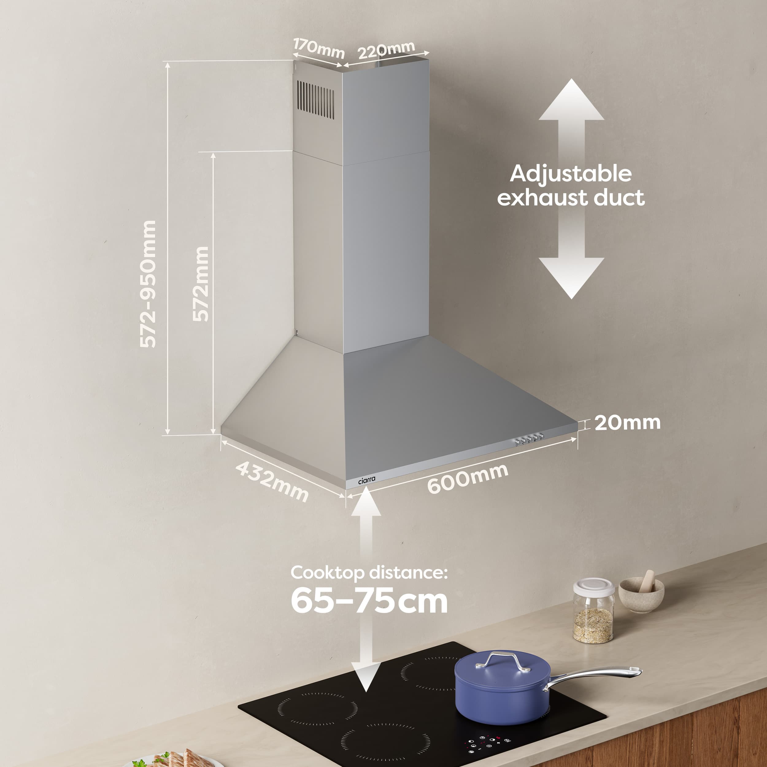 Exaustor de Parede 60cm CIARRA Classe A++ 404 m3/h Recirculação Prata 201SS60 - 9