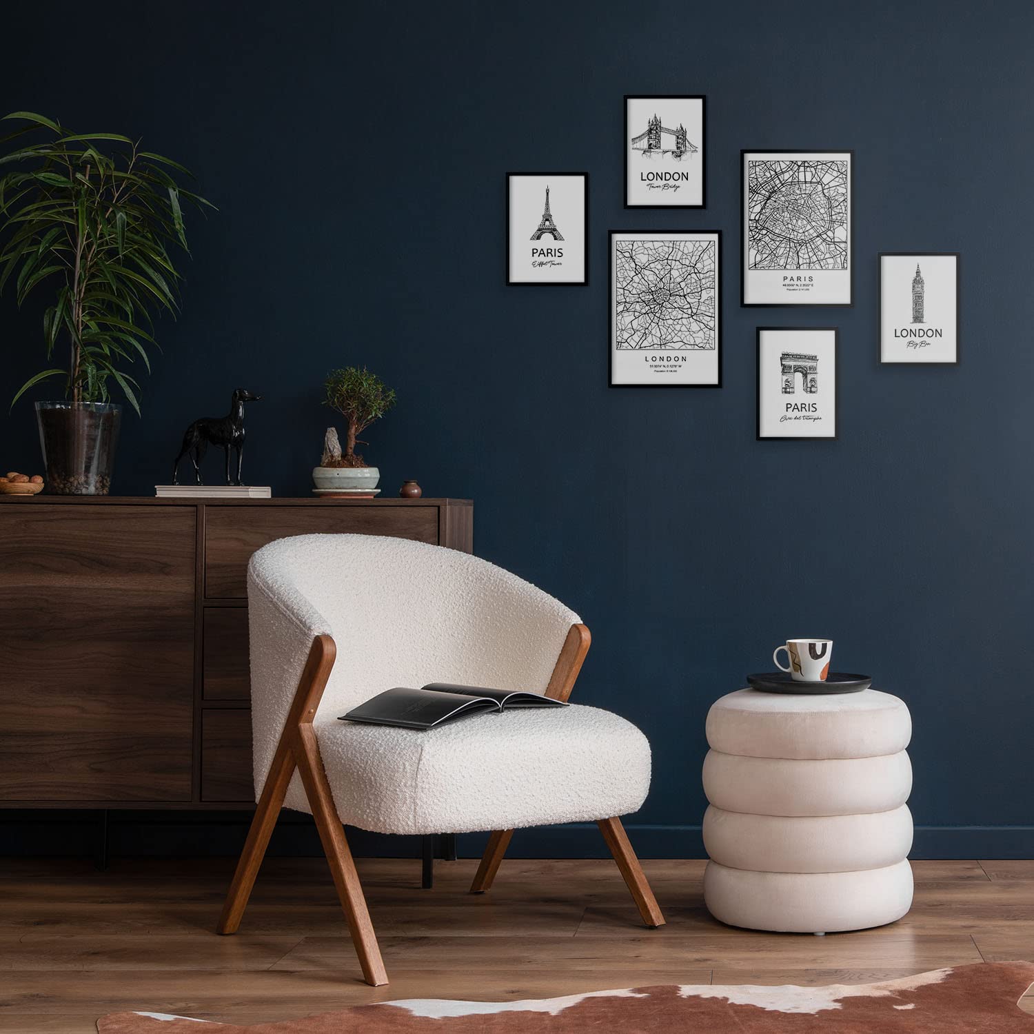 Set de 6 pósteres de paris y londres. coleccion de láminas con estetica collage para la tamanos a3 y a4 con marco blanco