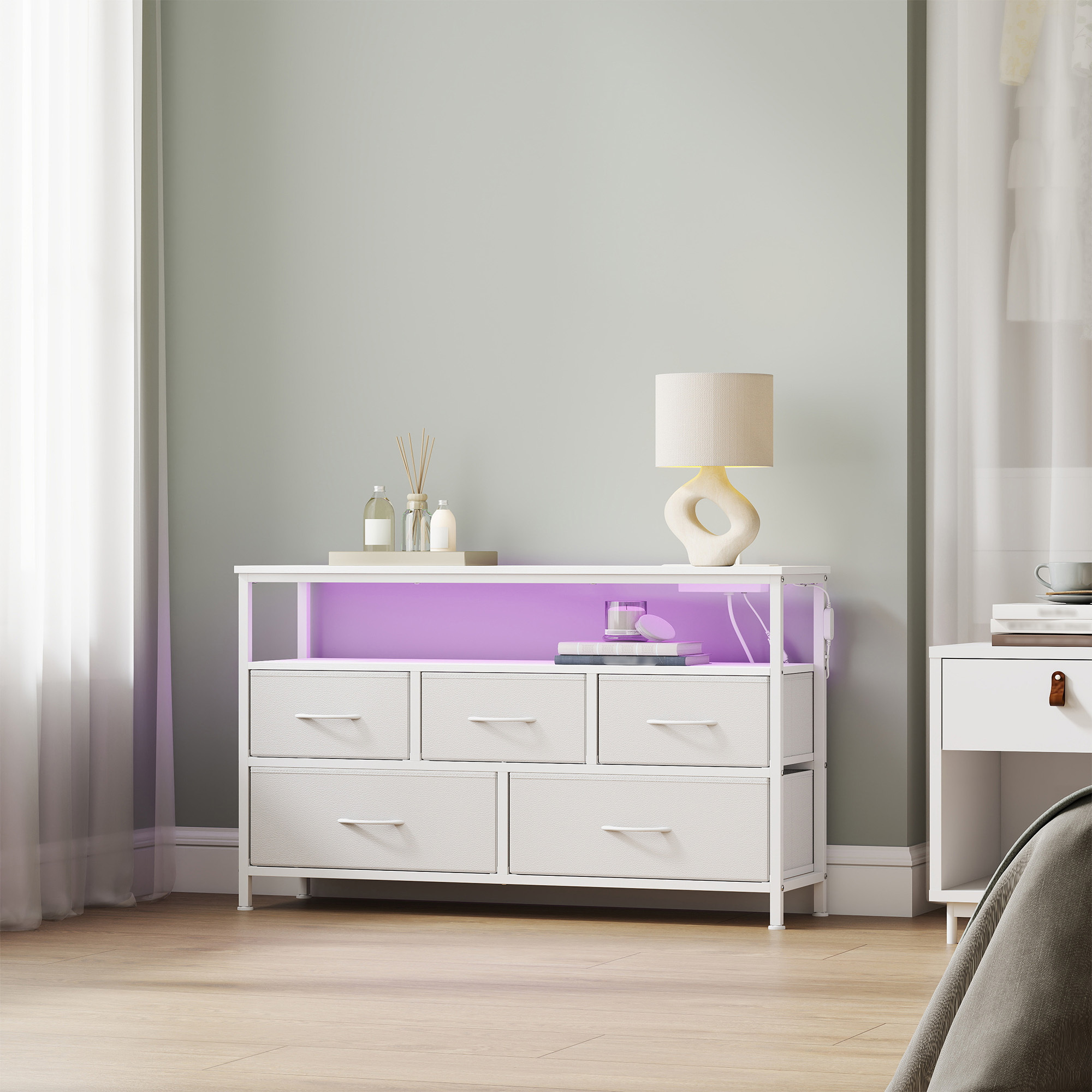 Meuble de Rangement avec LED Réglable et Multiprise, 5 Tiroirs en Tissu, Style Moderne, Chambre, Blanc - 2
