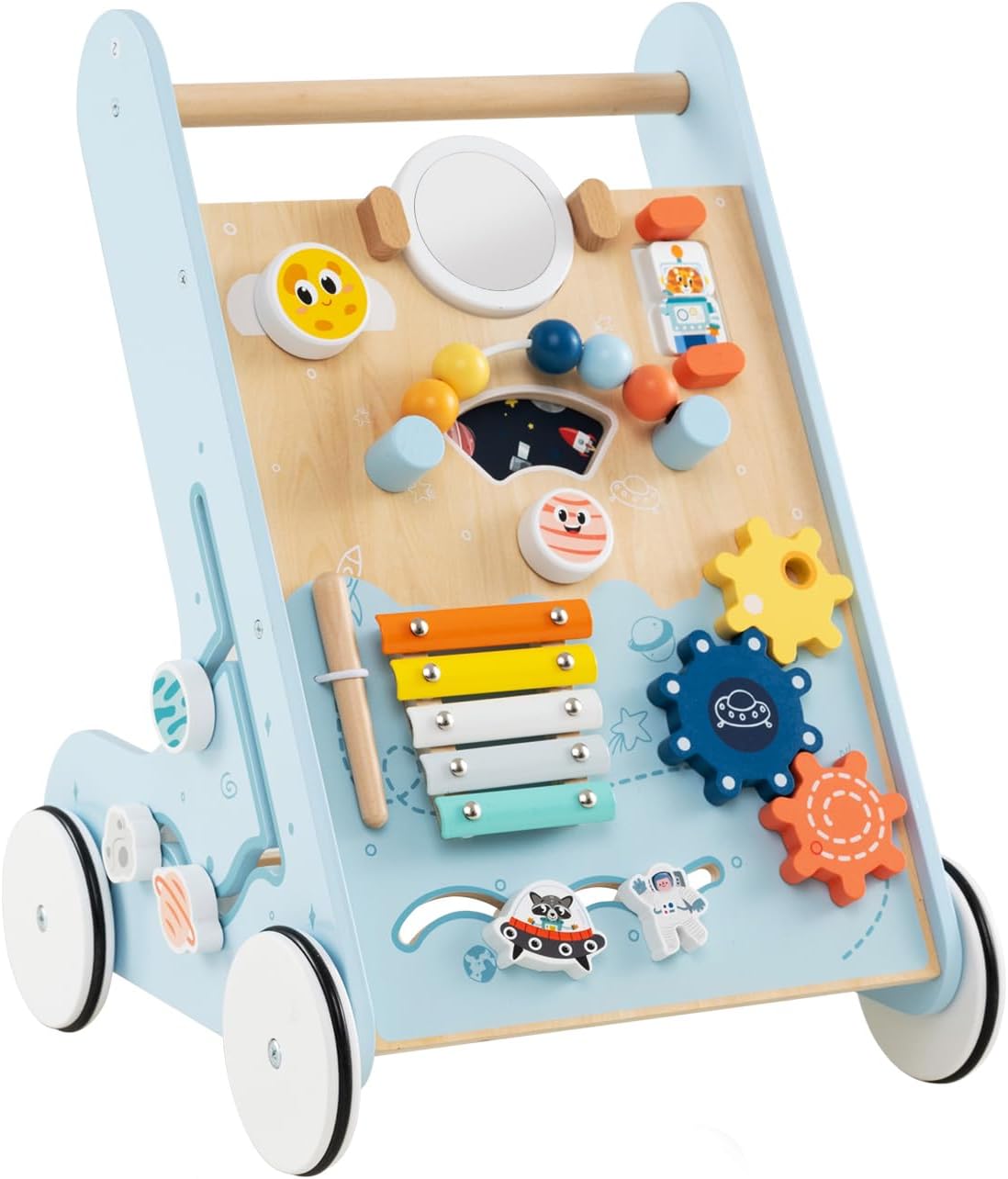 8 w 1 Chodzik, Wózek Montessori z Kółkami, Schowkiem, Centrum Aktywności do Pchania i Ciągnięcia dla Dzieci Powyżej 1 Roku Życia (Niebieski)