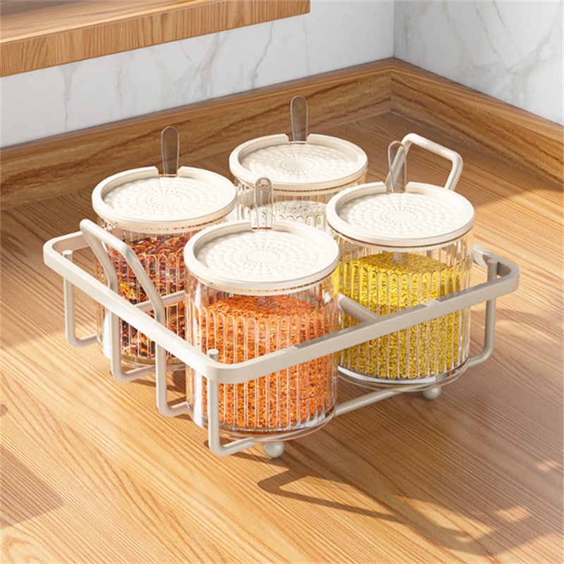 Zestaw pojemników na sól i przyprawy, pojemnik na przyprawy kuchenne z półką do przechowywania i łyżeczką, 18,3×18,3×11,3 cm, biały