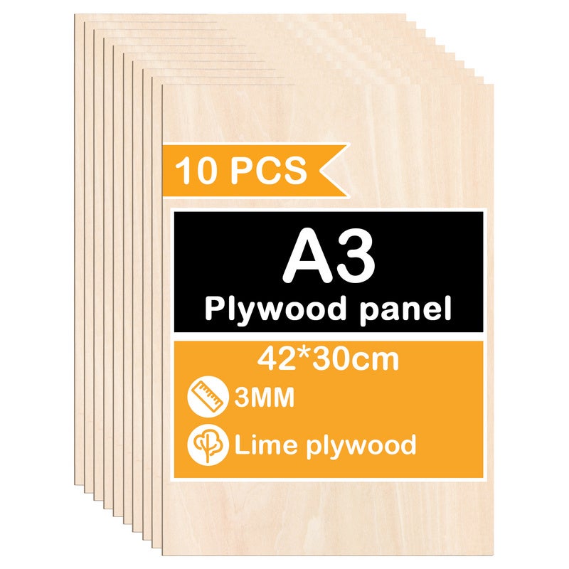 CYEER Lot De 10 Plaques De Contreplaqué De Peuplier 3 Mm, 420 X 300 Mm A3, Pour Travaux Manuels Et Bricolage, Bois Laser Non Traité