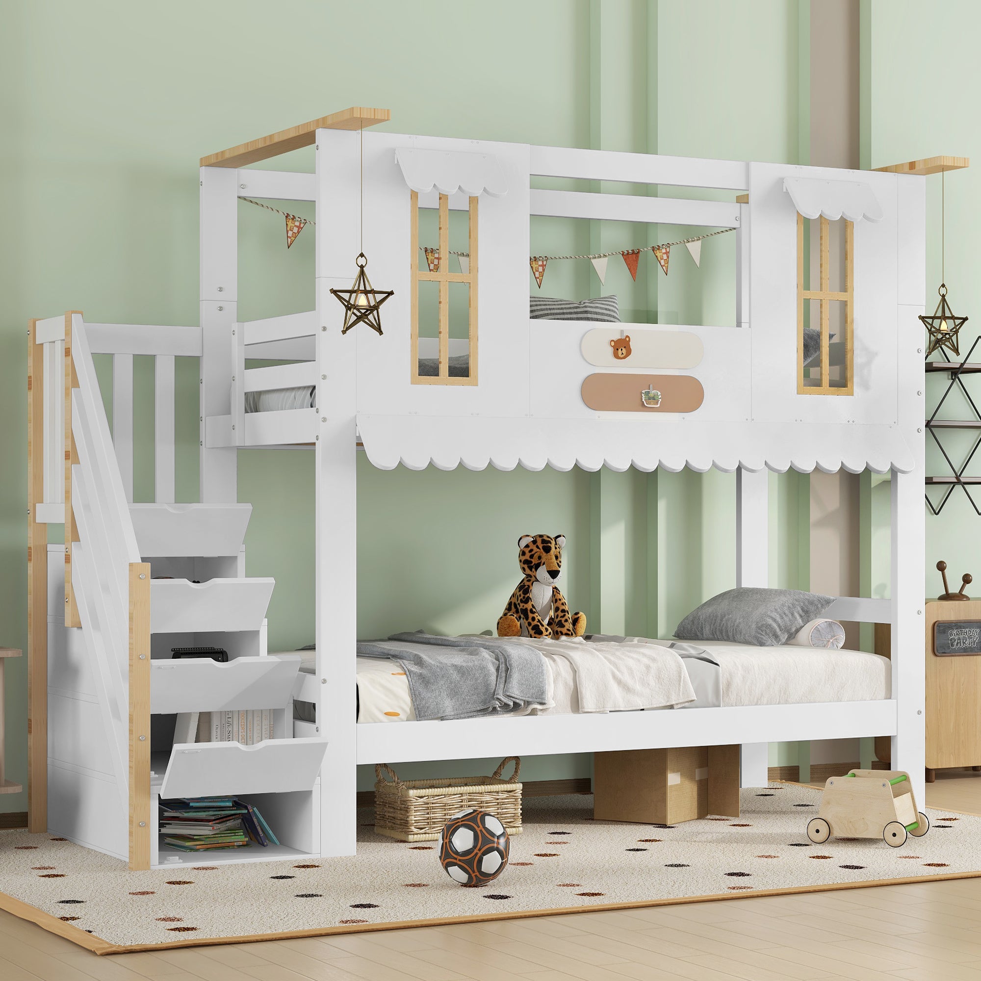 Łóżka piętrowe 2 x 90 x 200 cm z 4 drzwiami i 2 oknami - Sosna + MDF + sklejka - Białe i naturalne (Materace nie są wliczone w cenę) - 5