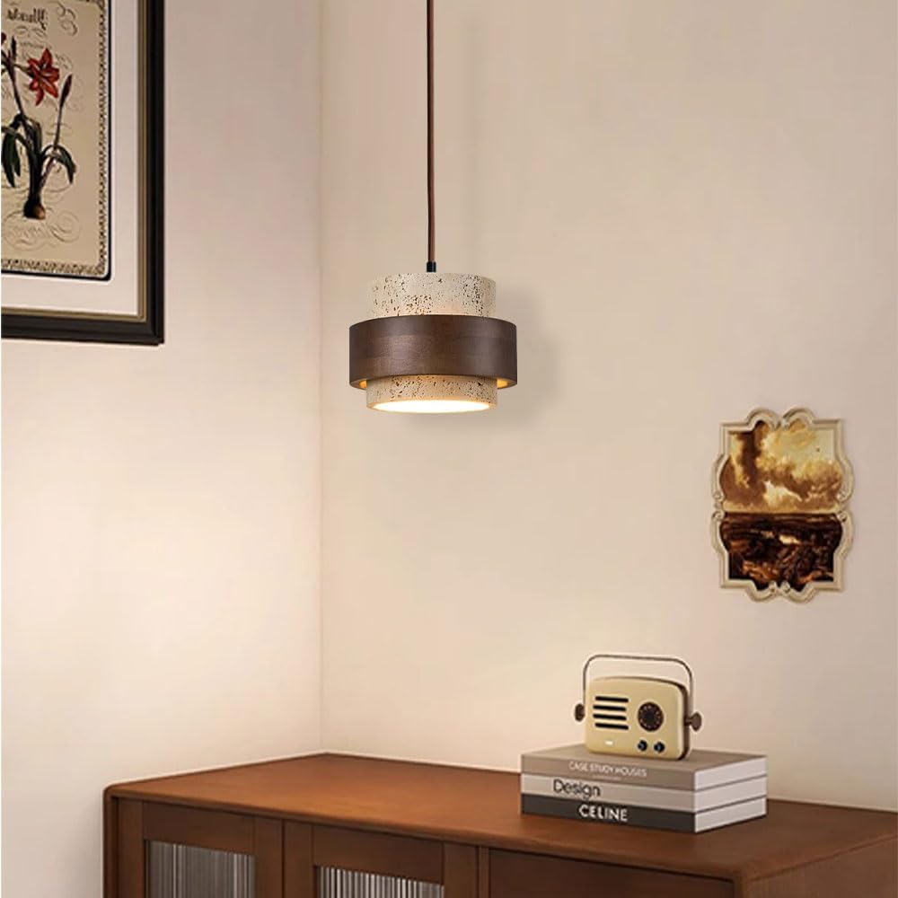 Lustre de style wabi-sabi en pierre naturelle nordique, lustre jaune style grotte, design bois et pierre, style ferme vintage, lampe en travertin. - 7