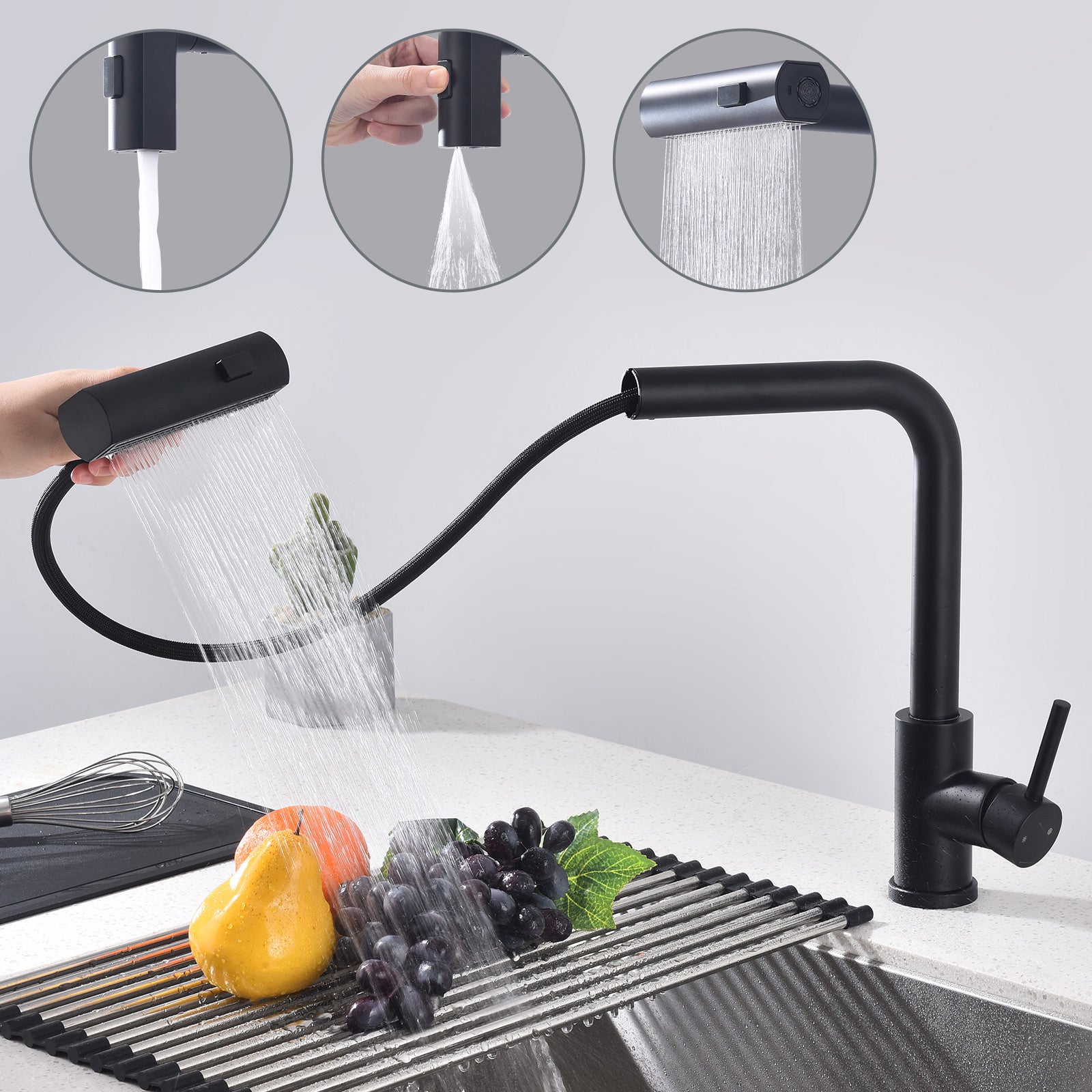 Grifo de cocina negro con mezclador de fregadero con rociador