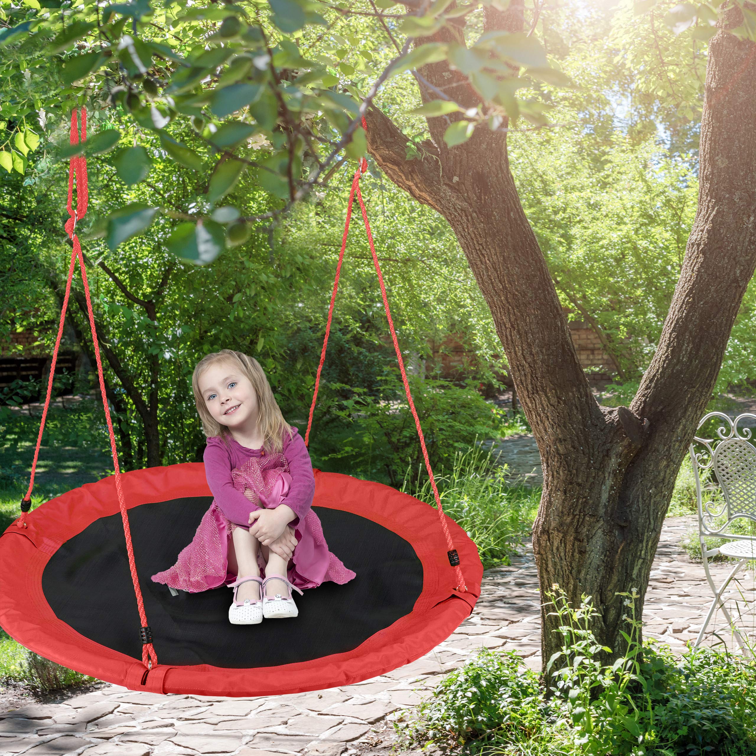 Balançoire nid ronde d'extérieur ø 110 cm, réglable en hauteur, pour enfants et adultes, rouge, jusqu'à 100 kg, Relaxdays - 9