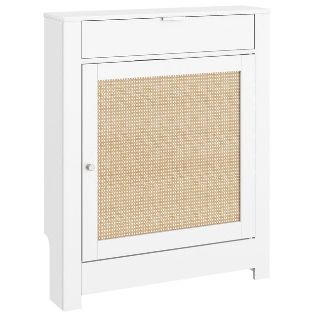 Cache-radiateur avec porte battante et compartiment en rotin, design bohème, pour salon et chambre, blanc