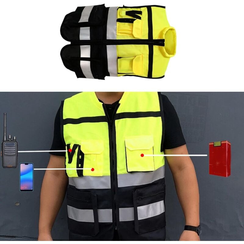 Gilet de sécurité réfléchissant jaune, gilet de sécurité à fermeture éclair haute visibilité avec poches pour le travail - 4