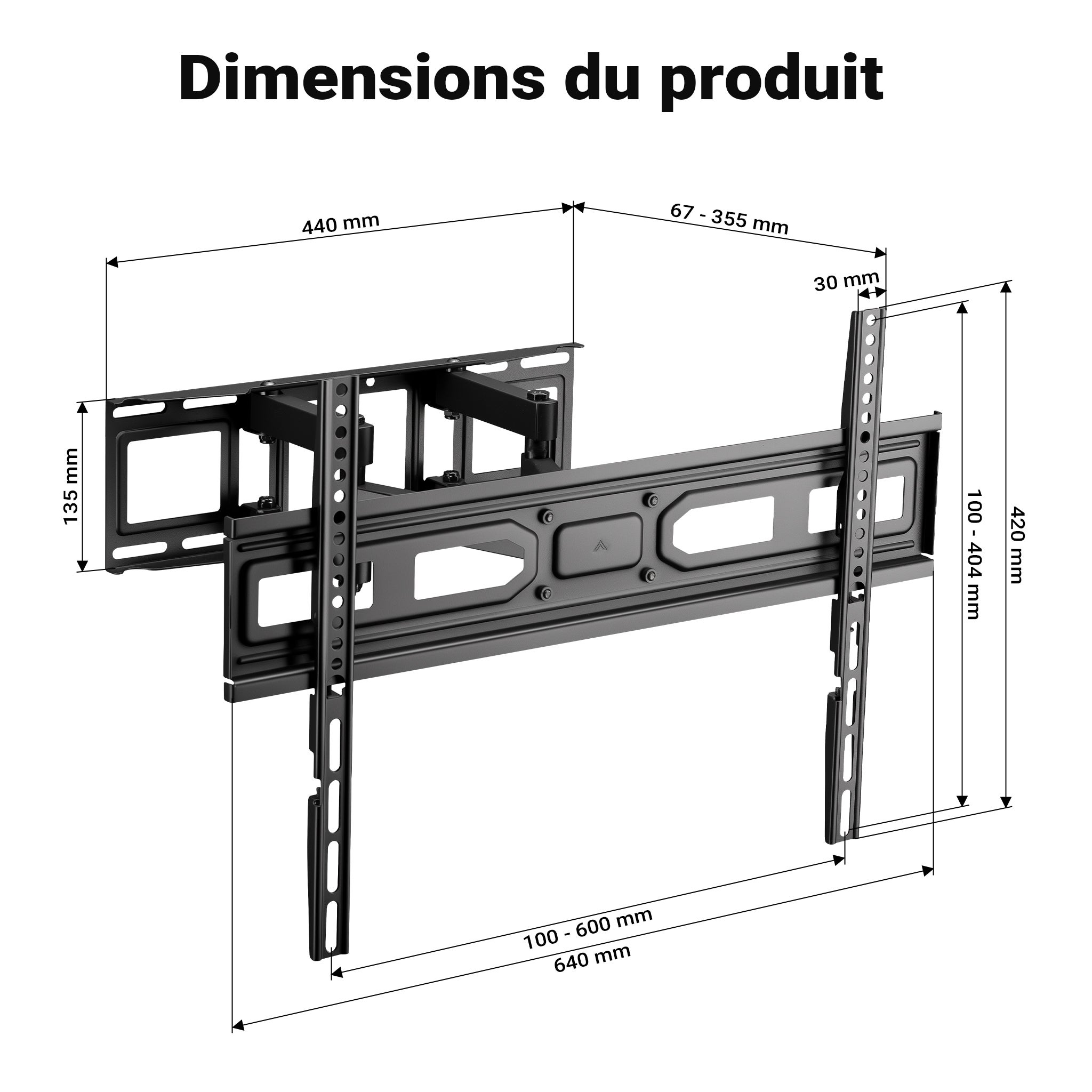 Support TV mural Écrans 37 à 80 pouces Bras pivotant 120° Inclinable Rotatif Dispositif Support Orientable Toboli - 3