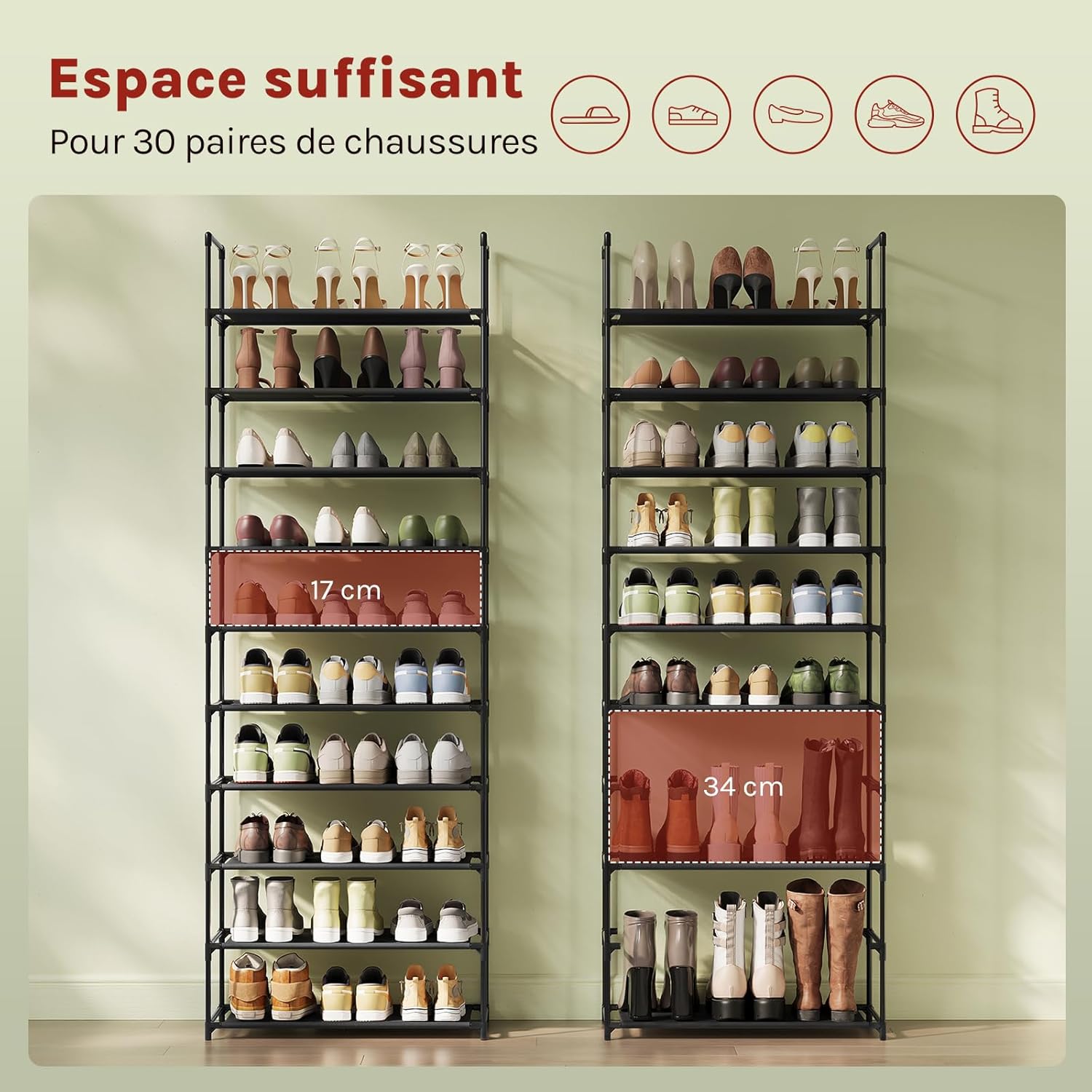 Étagère pour Chaussures WOLTU, Rangement de Chaussures à 10 Niveaux, Étroit, 61x28x174cm, Noir - 3