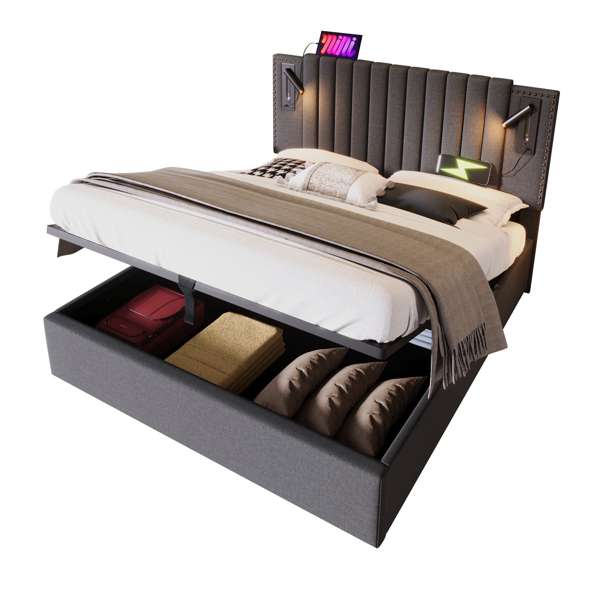 Cama contenedor de tela de algodón de 160x200 cm - con luces de lectura y puertos de carga USB - con somier - Gris - 4