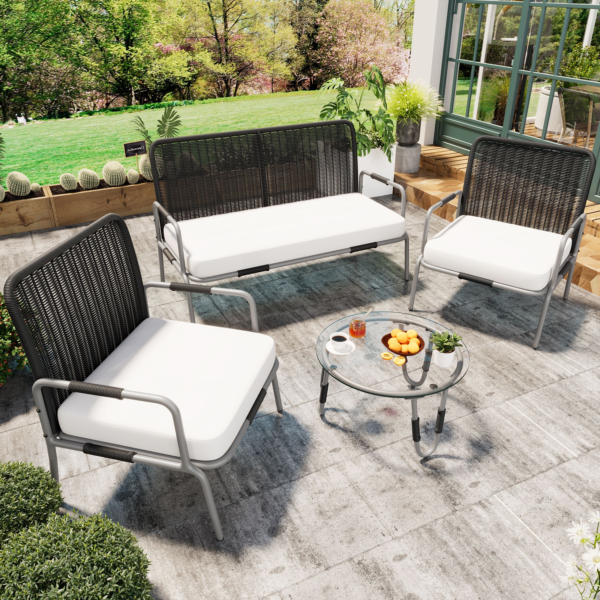 TecTake® Salotto In Rattan Barletta, Set Di Mobili Da Esterno, Telaio In Acciaio, Tavolino Salotto Con 2 Piani In Vetro, Divani, Morbidi Cuscini, Comodi Sgabelli Poggiapiedi - Grigio/Beige : Amazon.it: Giardino E