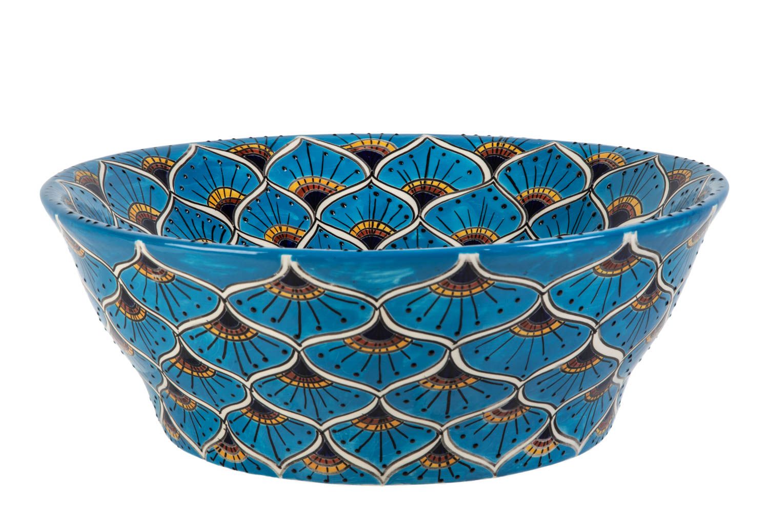 Meksykańska ceramiczna umywalka nablatowa z reliefem Azura Prima – okrągła umywalka łazienkowa 42,5 x 15 cm | Umywalka z motywami Talavera