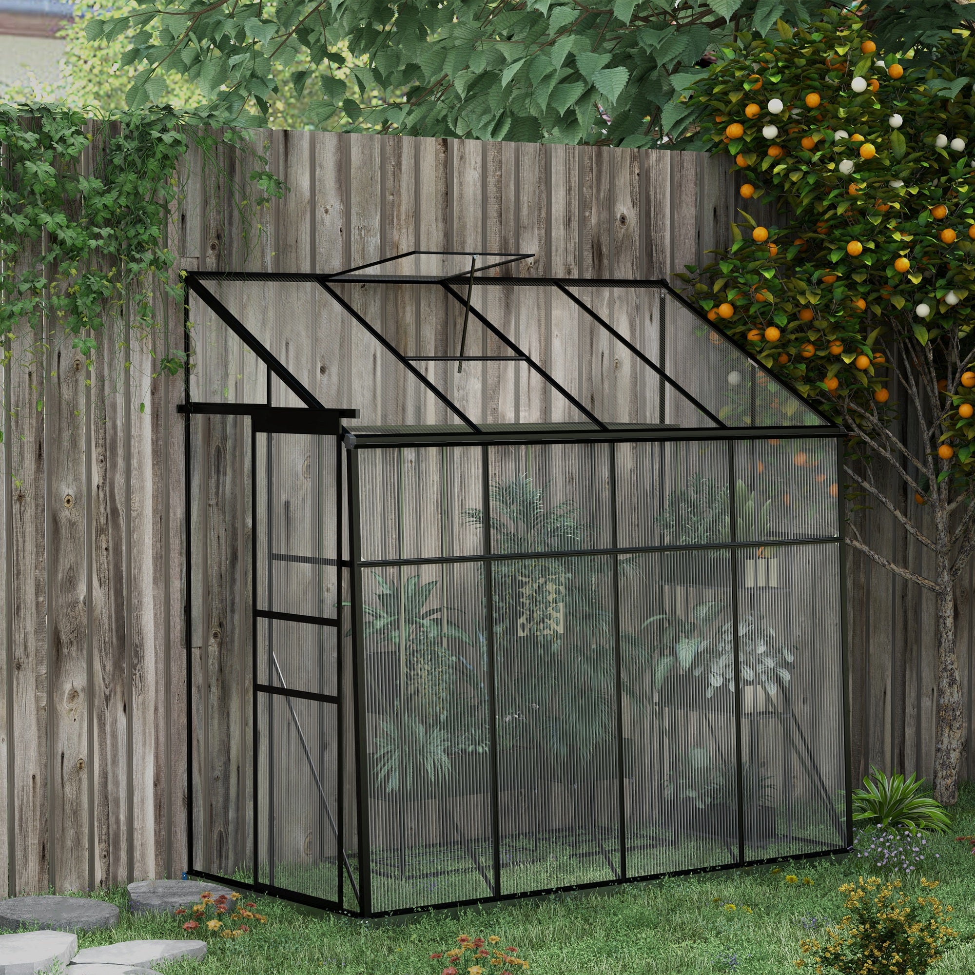 Serre adossée, serre de jardin polycarbonate, avec porte coulissante, évent de toit, fondation, 127 x 253 x 240 cm noir - 2