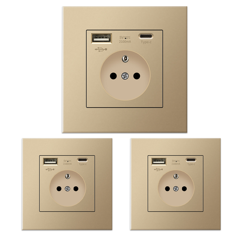 Zestaw 3 gniazdek ściennych z USB i Type-C, 5 V 2,1 A, standardowe gniazdo USB do zabudowy UE, listwa zasilająca Francja, 110-250 V (Złote)