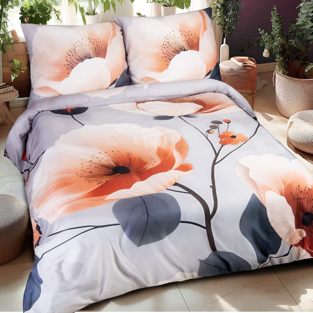 Pościel satyna bawełniana 160x200 Satynlove Premium szara z pomarańczowymi kwiatami - Darymex