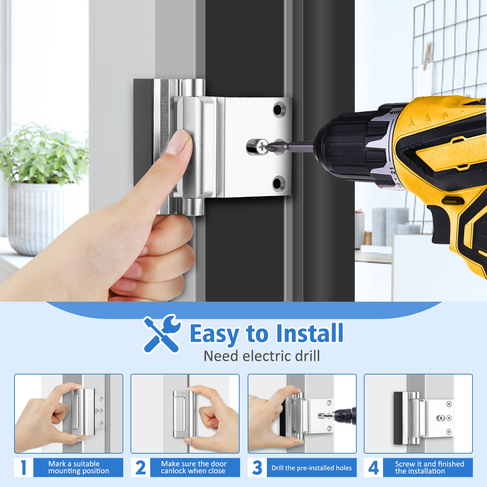 Serratura di rinforzo per porte, serratura di sicurezza per porte domestiche, serrature per porte a prova di casa Resiste a 800 libbre - 3