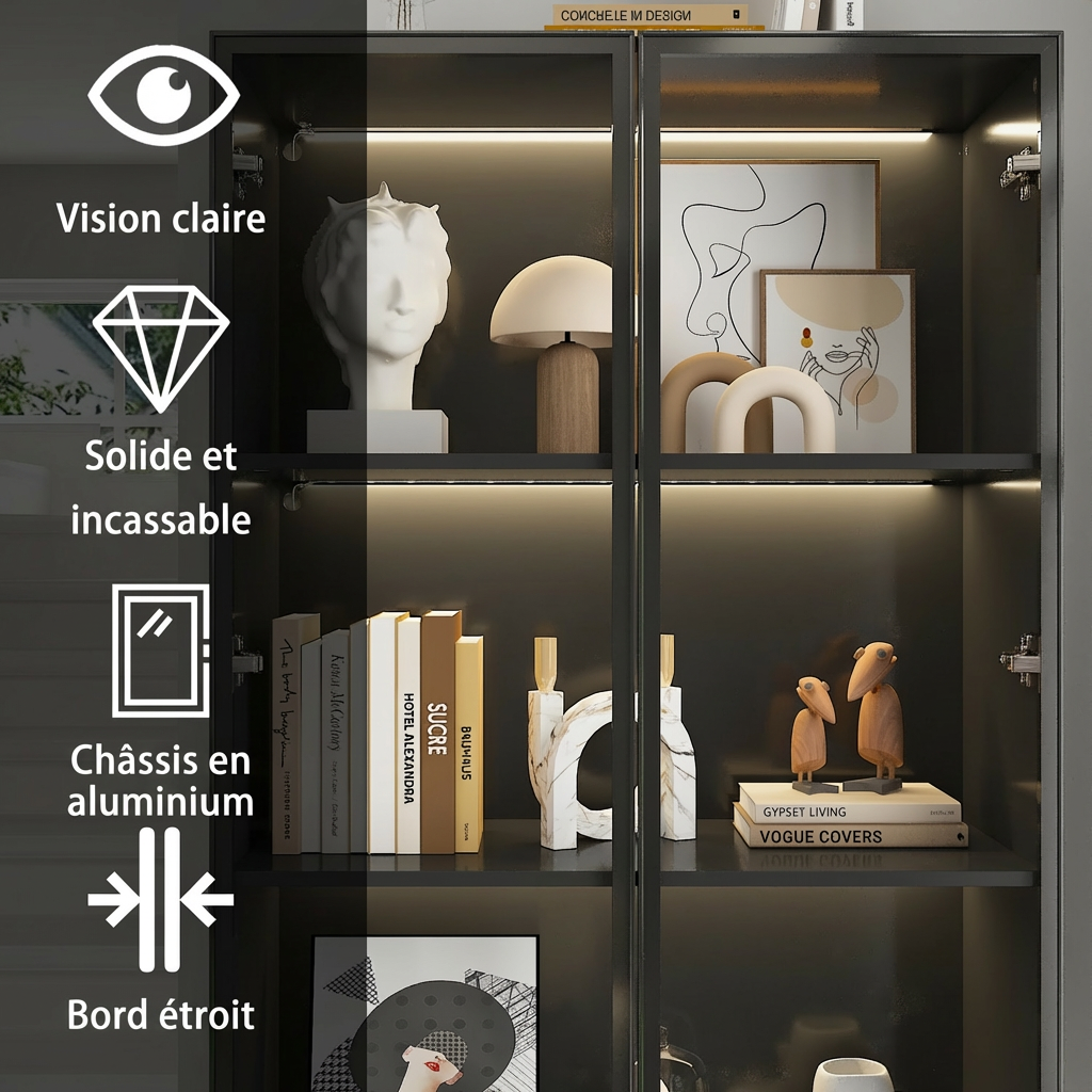 Vitrine avec LED et Portes en Verre Meuble de Rangement en Verre Debout avec 4 étagères Design Pop-up 80x40x160cm Noir - 4