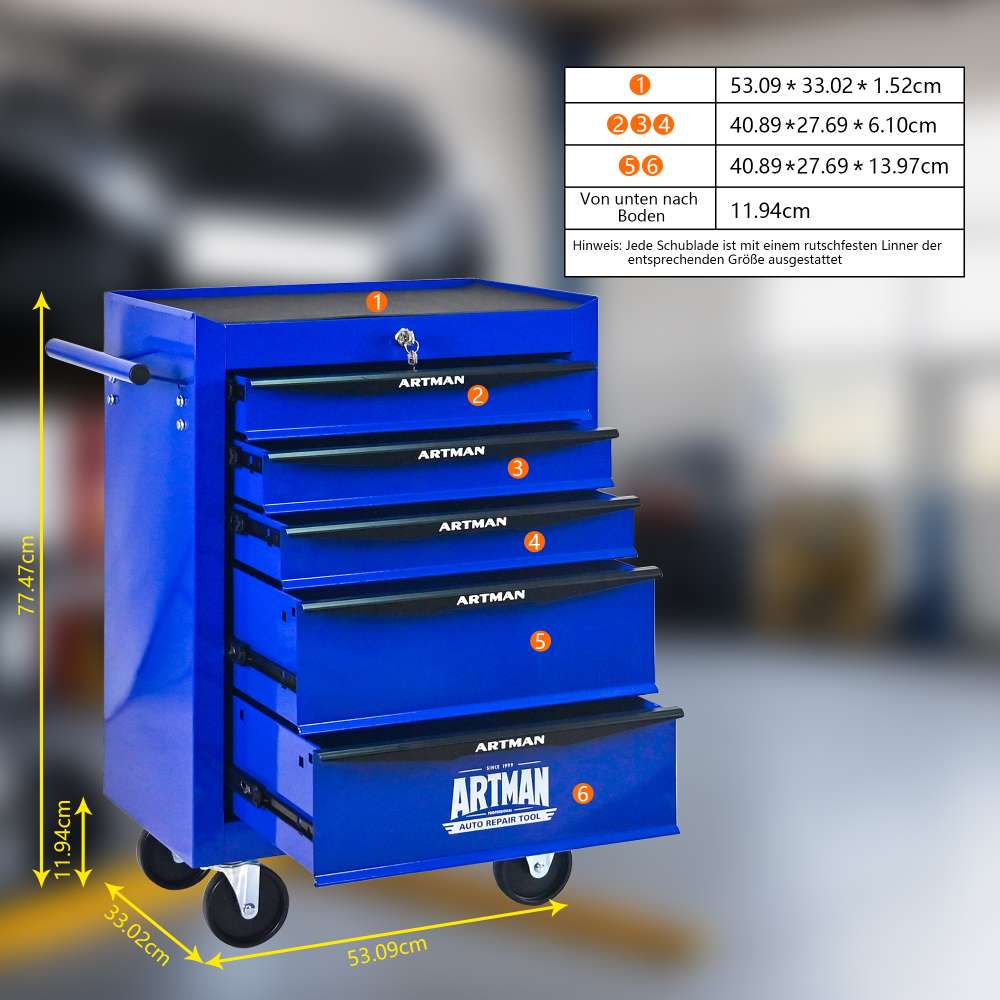 Caisse à outils roulante 5 tiroirs, glissières à billes, coffre en acier, organiseur, noir et bleu. - 7