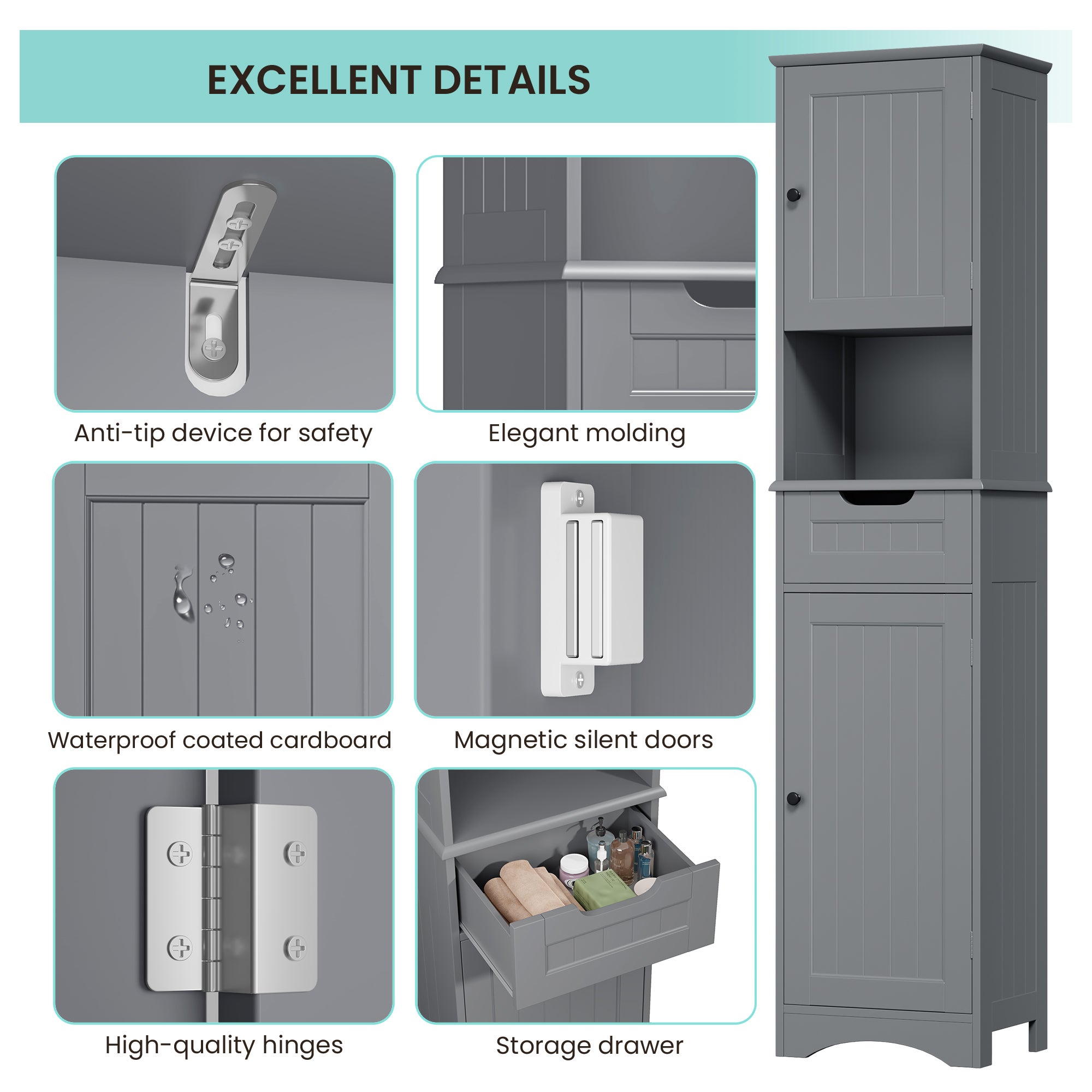 Bealife Mobile Colonna per Bagno con Ripiano con Piedistallo, Armadio Alto a 2 Ante, 1 Cassetto, 1 Ripiano Aperto e Ripiano Regolabile - 6