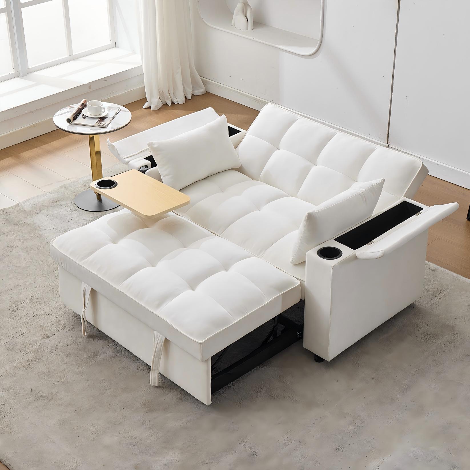 Canapé convertible 2 personnes 140.5x74x82 cm - Dossier réglable - Port USB - Porte-gobelet - Petite table d'appoint - Beige - 3