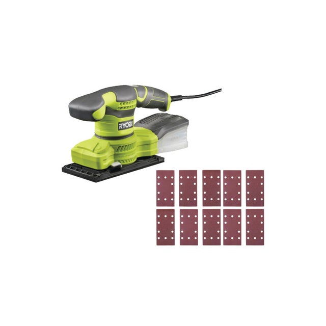 Pack RYOBI Ponceuse vibrante électrique 1/3 de feuille RSS200-GA20 - 200W - 10 abrasifs auto-agrippants
