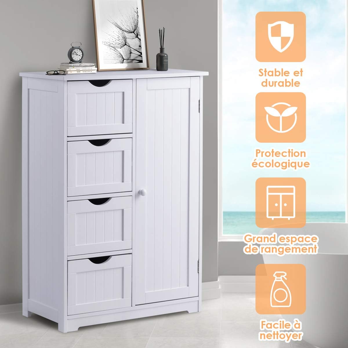 Commode de Rangement avec 4 Tiroirs et Porte Magnetique, Etagere Hauteur Reglable, Meuble de Rangement pour Salon/Chambre/Bureau Blanc 55 x 30 x 81CM - 2