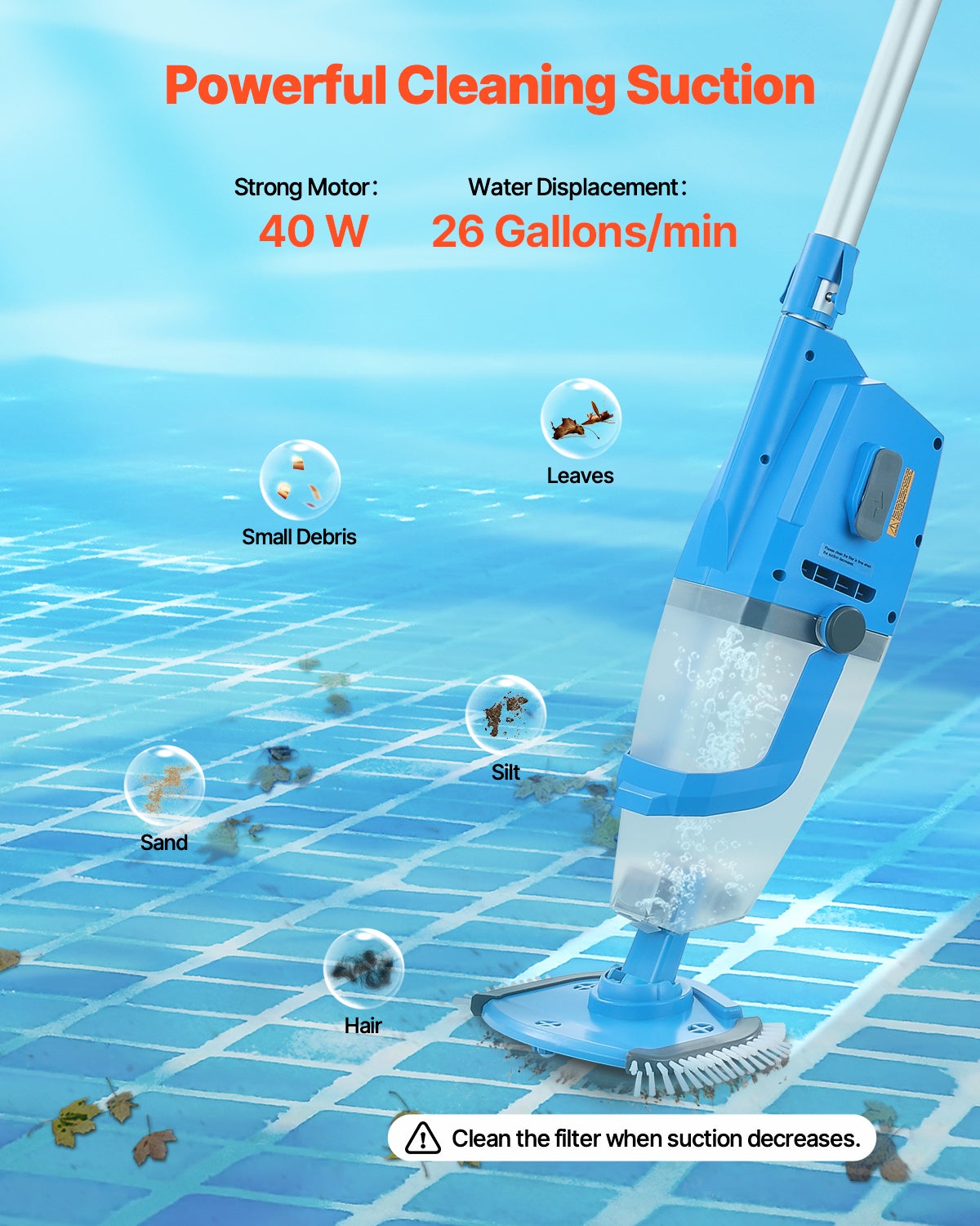 Aspirateur Piscine 100 L/min,VEVOR Nettoyeur Manuel Sans Fil,Rallonges,Aspiration Puissante,Rechargeable,1 Heure d'Autonomie,pour Piscines - 2