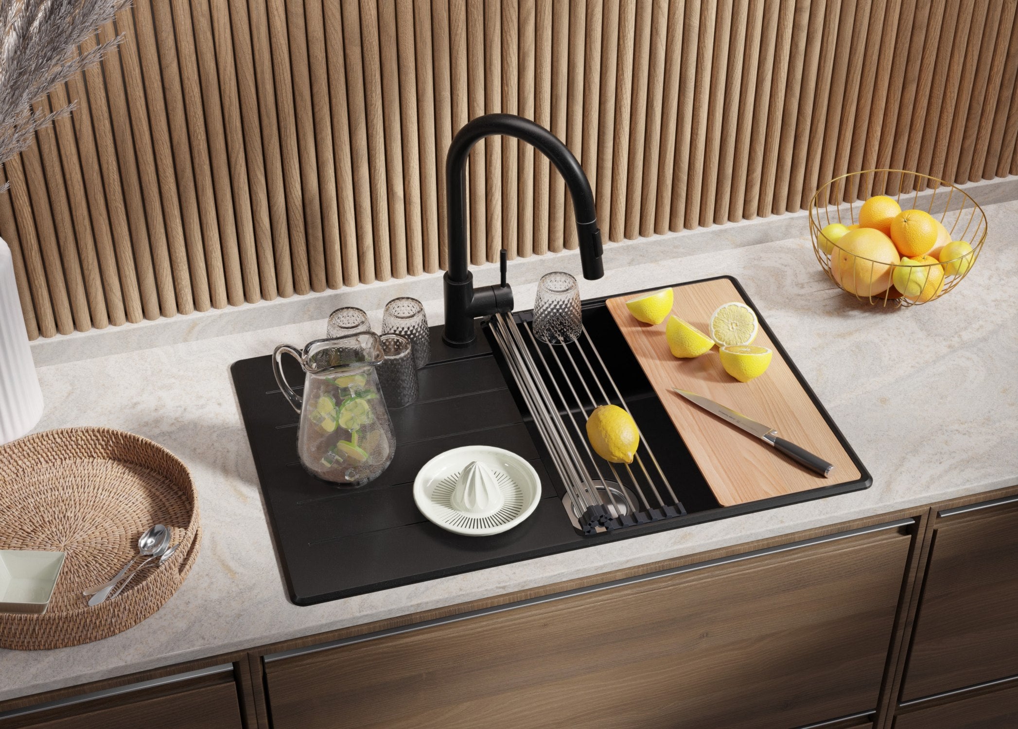 Evier Cuisine en Granit Noir 78x50cm, Lavabo 1 bac + Kit de Vidage + Planche à Découper, Évier à Encastrer au meuble 50cm - Copenhague PRIMAGRAN - 2