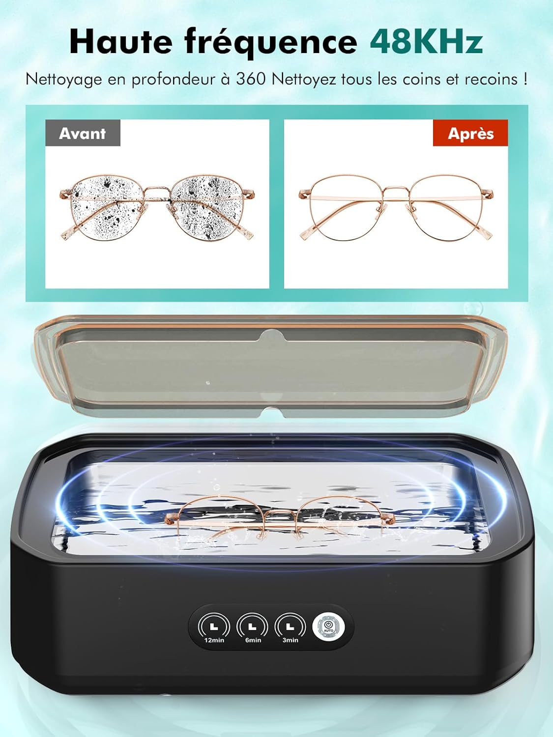 Nettoyeur à ultrasons, 48 ​​kHz, 650 ml, à une touche, adapté au nettoyage des lunettes, bijoux et prothèses dentaires - 3
