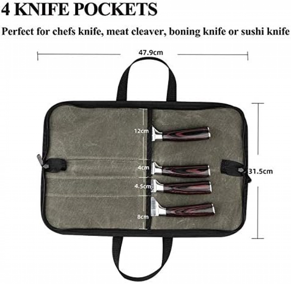 Bolsa para facas (4 compartimentos), para facas de chef em lona encerada para homens e mulheres, verde - 5
