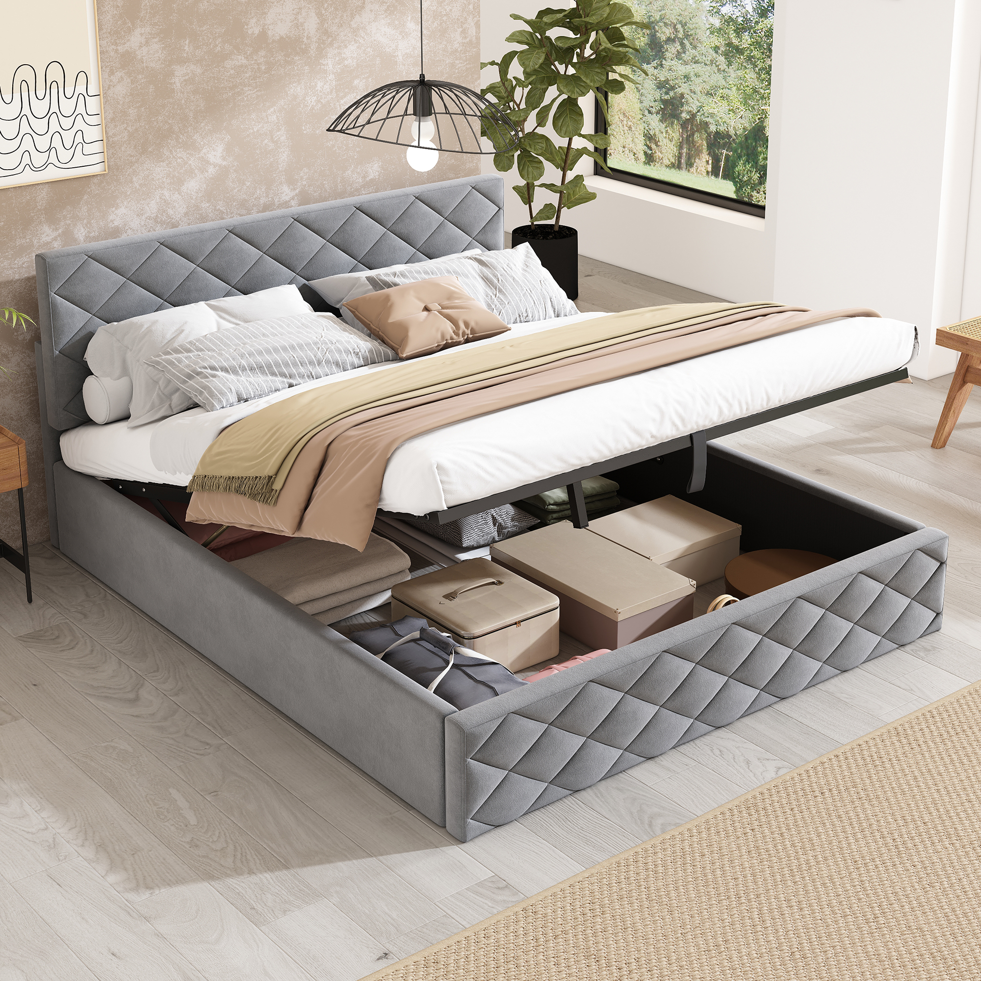 Łóżko 140x200 cm z poduszką - Hydrauliczne - Wafel szary - Z magazynowaniem - Elegancki design
