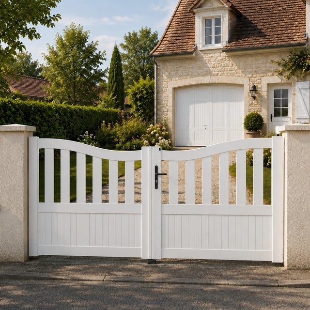 Portail battant manuel PVC blanc structure renforcée H 146 x L 300 cm BREST incurvé