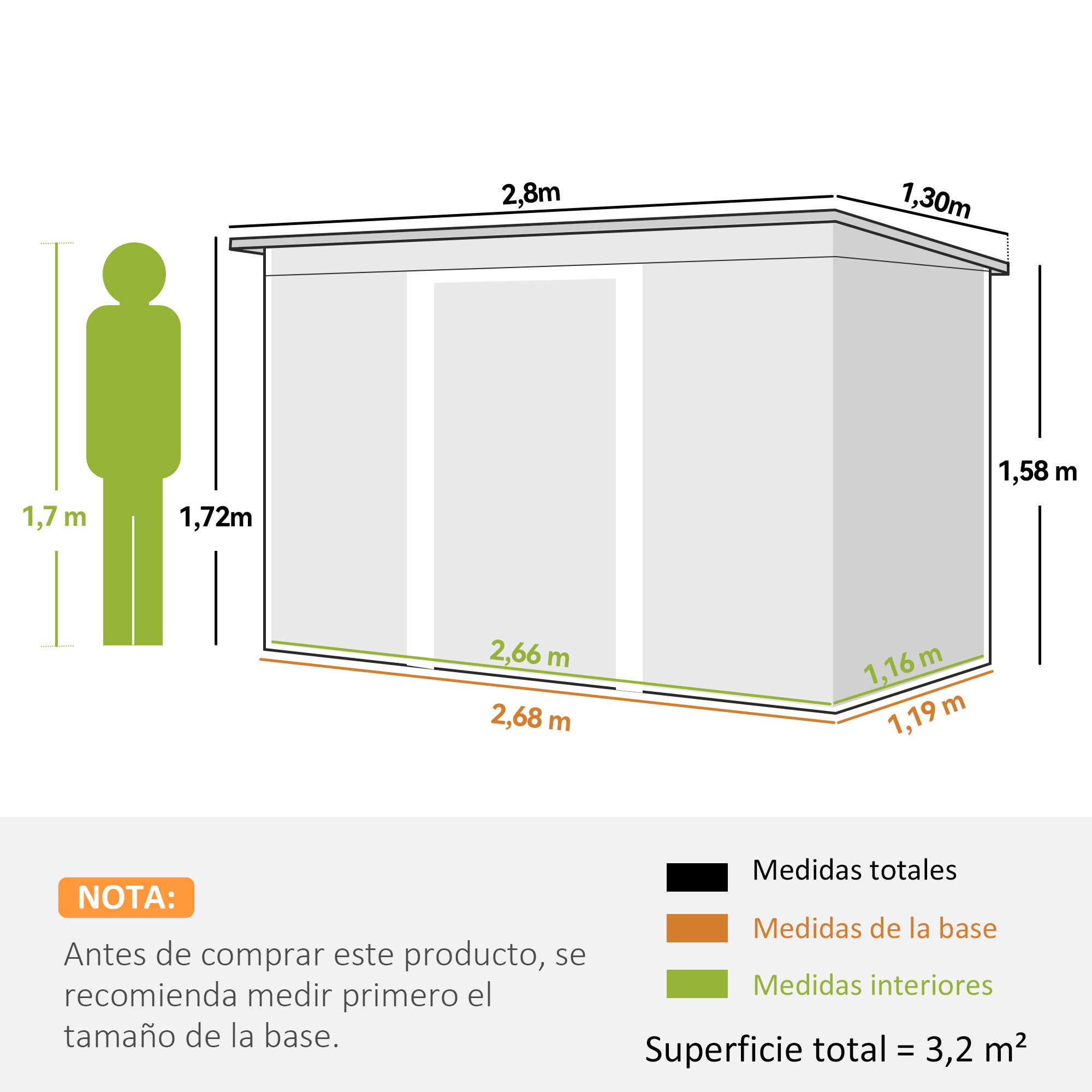 Cobertizo de jardín base 3,1 m² Outsunny 280x130x172 cm verde - 3