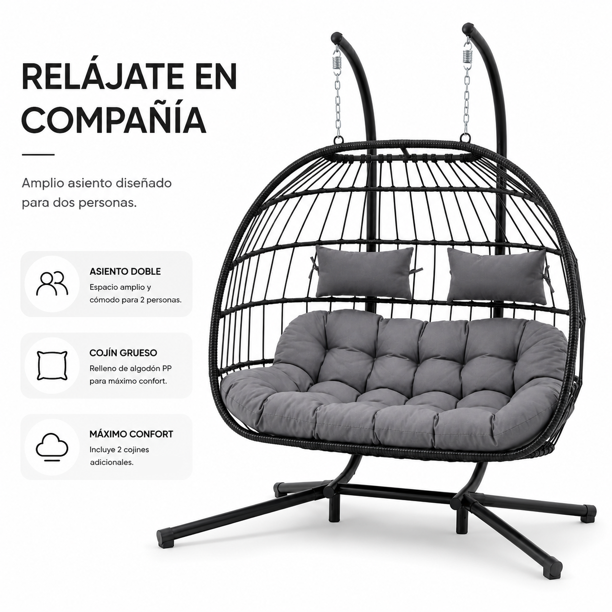 Cadeira suspensa desmontável 2 lugares cinza com almofada 280 kg - 2