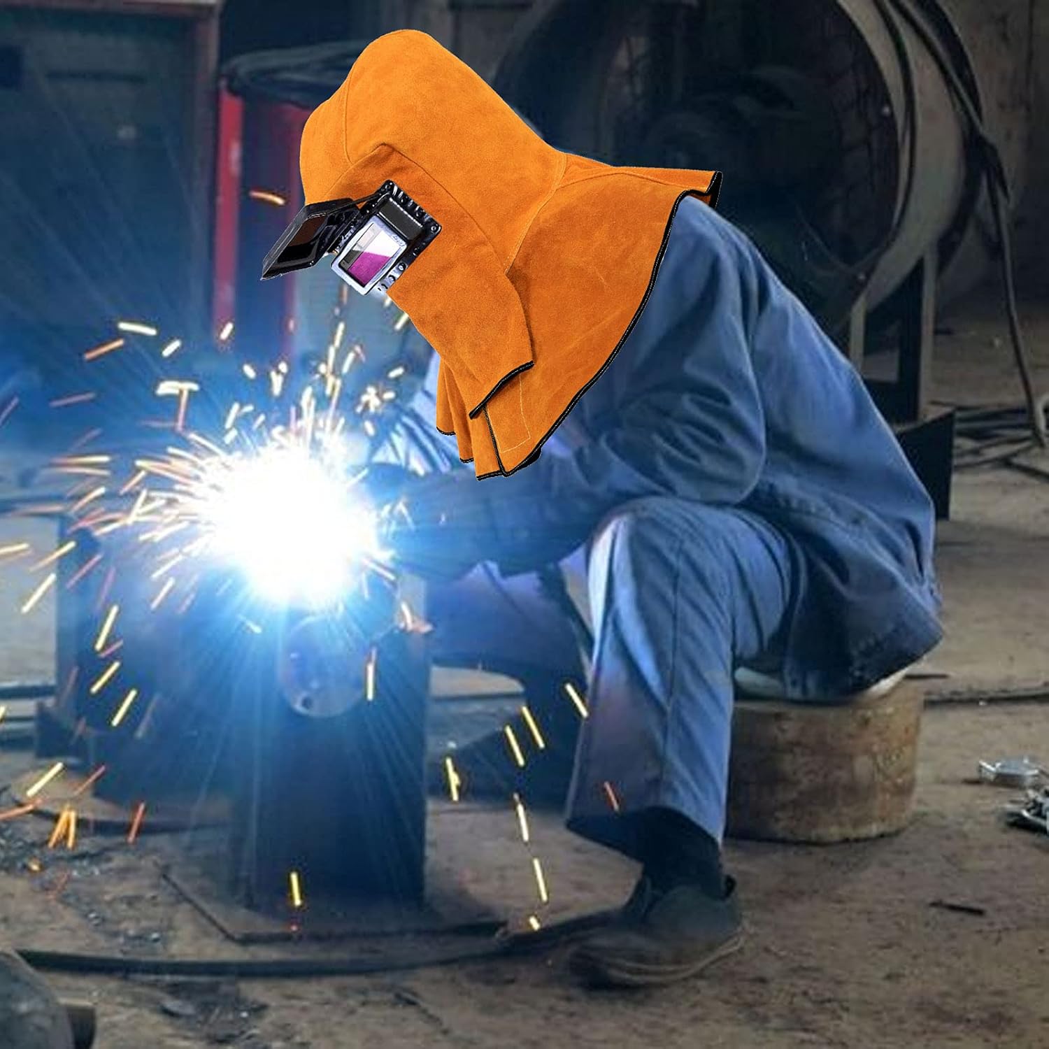 Máscara de solda em couro bovino com lente de filtro de escurecimento automático, capacete de solda, capacete de soldagem - 3