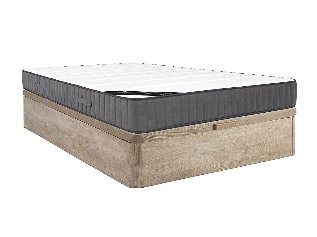 Zestaw 140 x 190 cm stelaż ze skrzynią naturalny jasny + materac hybrydowy o grub. 26 cm z 7-strefowymi sprężynami kieszeniowymi i pianką wysokoelasty