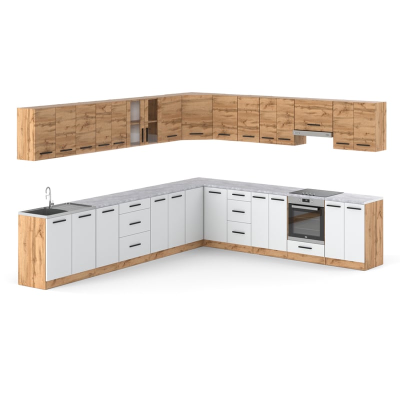 Kuchnia narożna duża 6.8m modułowa nowoczesna wotan dąb wotan biała mat