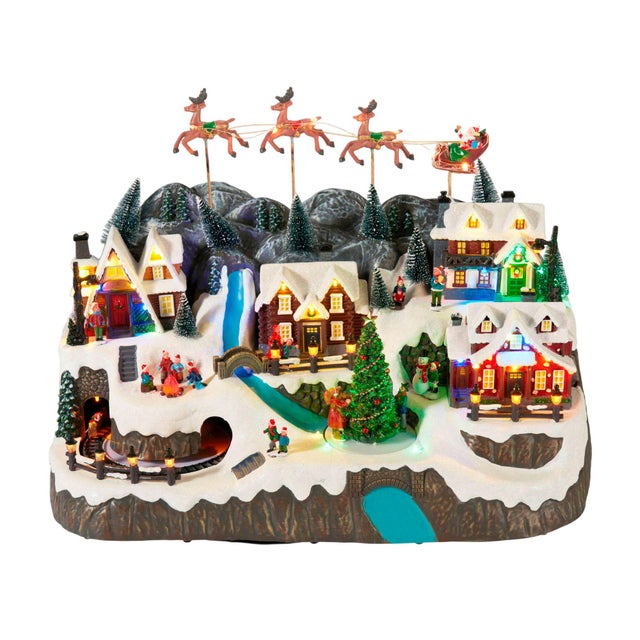 Villaggio di Natale Well Home con slitta di Babbo Natale, luci a LED, movimento e musica, dimensioni 59,5x35,5x38,5 cm.
