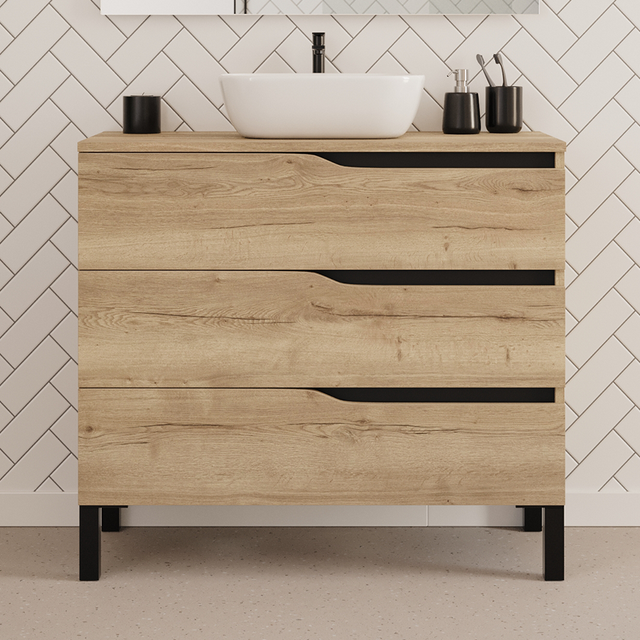 Meuble de salle de bain 90cm avec plateau et vasque à poser zeus - 3 tiroirs - sans miroir - madera miel (chêne clair) - MATA