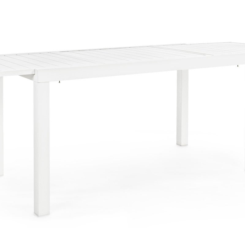 Rozkładany biały stół "Hilde" 140-210X77 z aluminiowych listew do użytku na zewnątrz w ogrodach i na werandach
