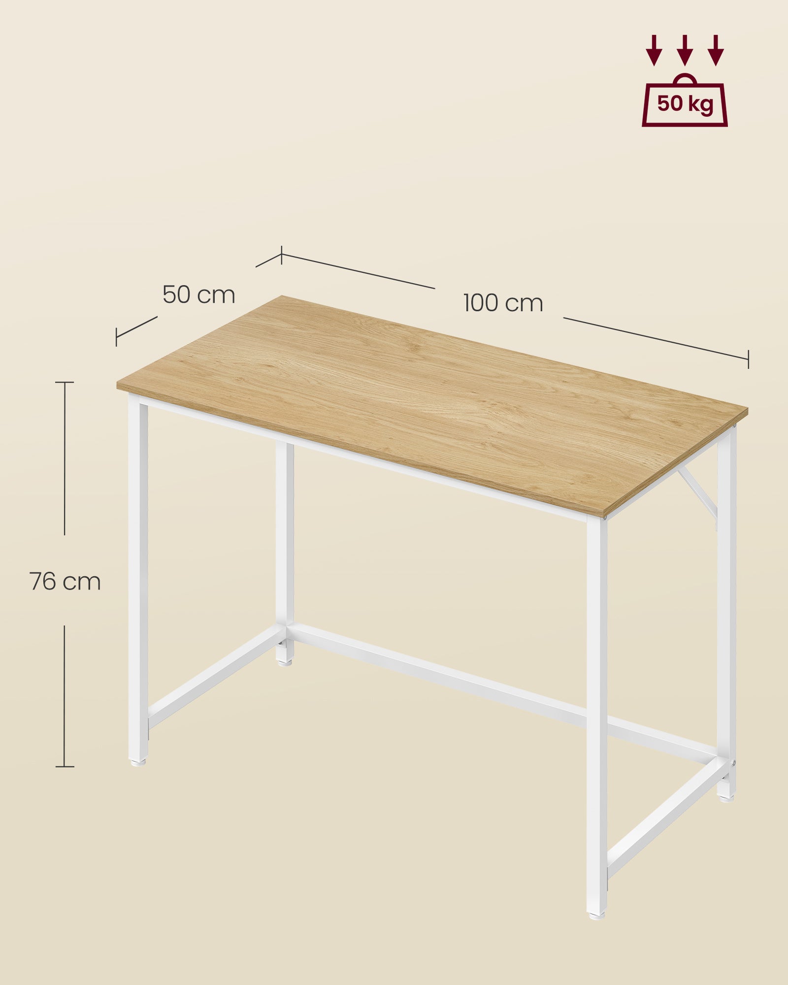Bureau, pour Bureau, Chambre, 50 x 100 x 76 cm, Style Moderne, Cadre en Métal, Couleur Chêne Naturel et Blanc Perle - 5