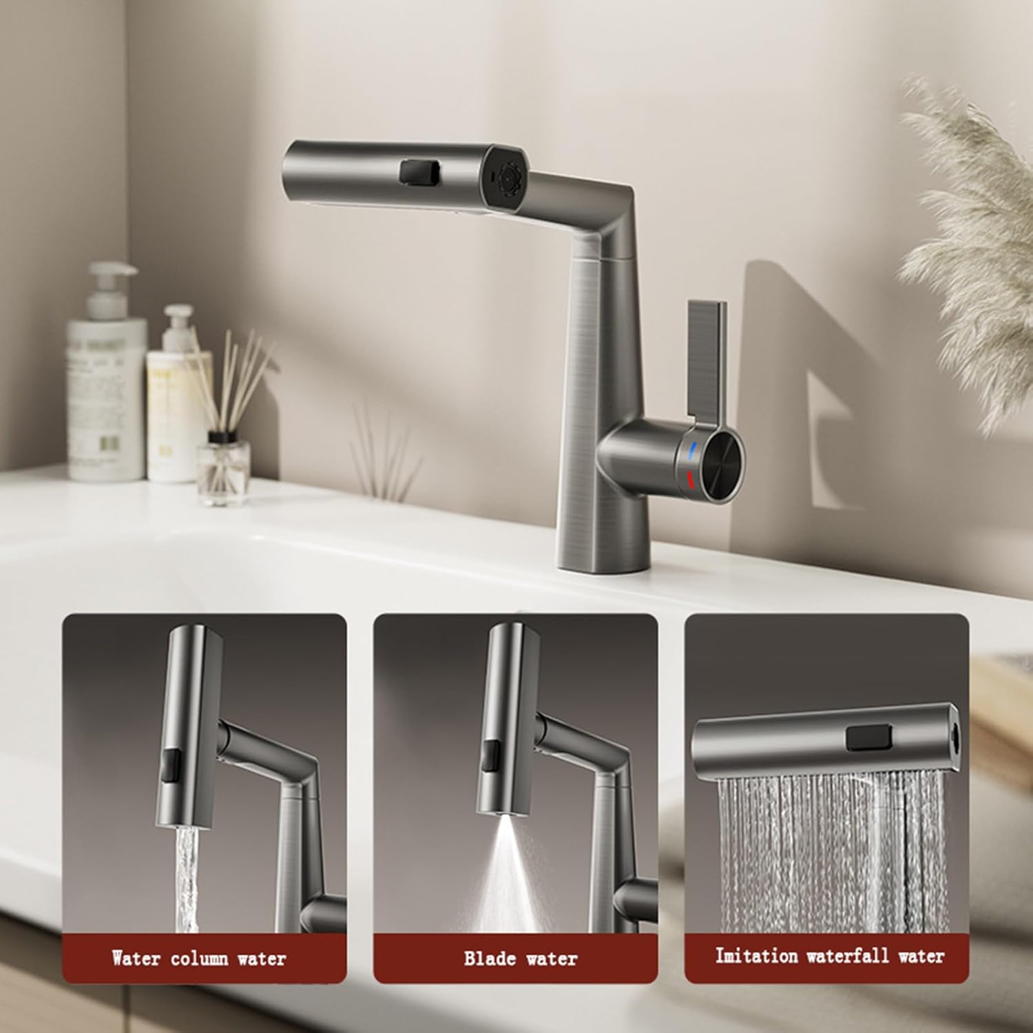 (Gris) Mitigeur cascade avec douchette extractible pour lavabo de salle de bain, robinet de lavabo à poignée unique, 3 modes - 5