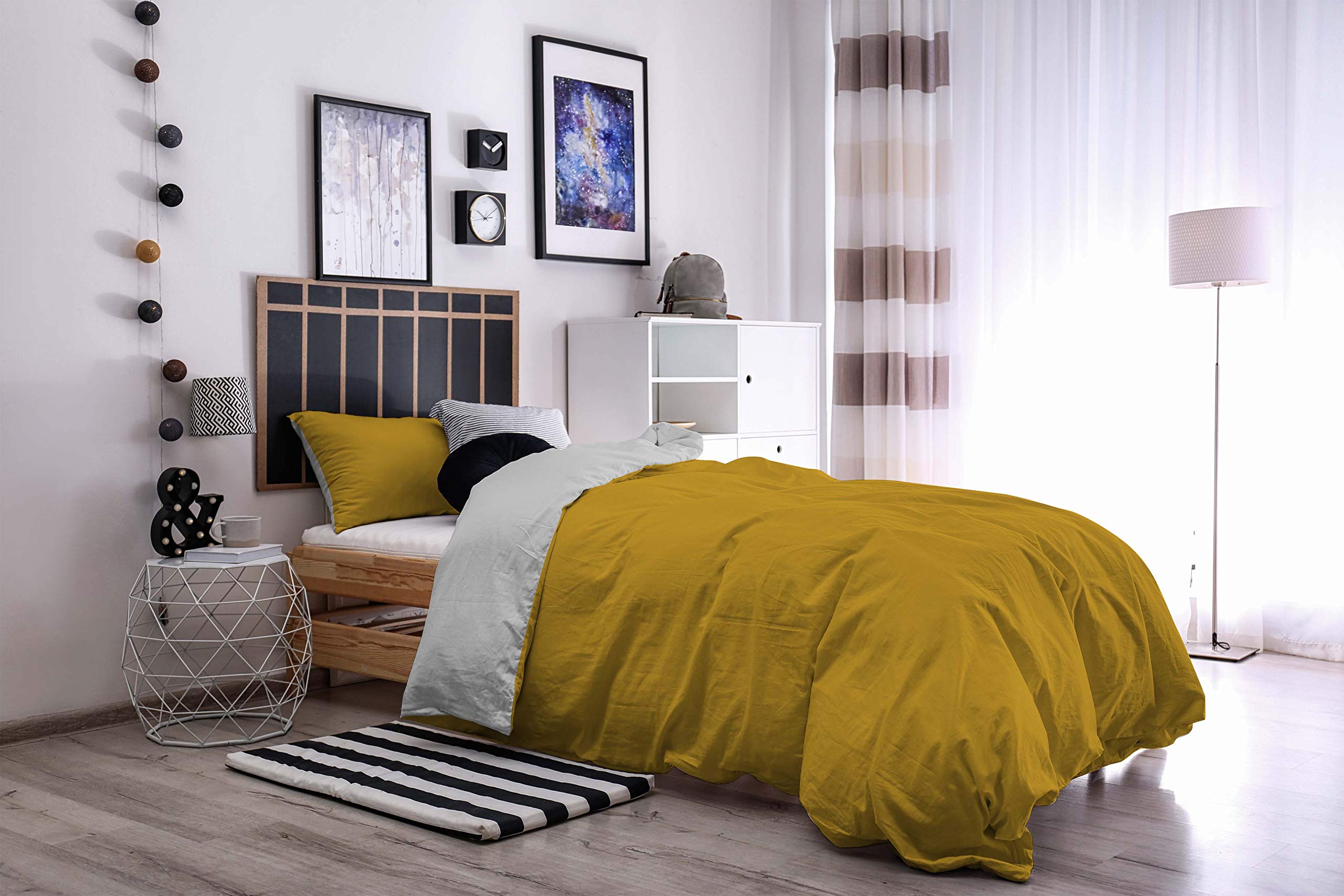 Housse de couette moutarde/gris clair, 1 place et demie - taie d’oreiller 52x82cm - 6