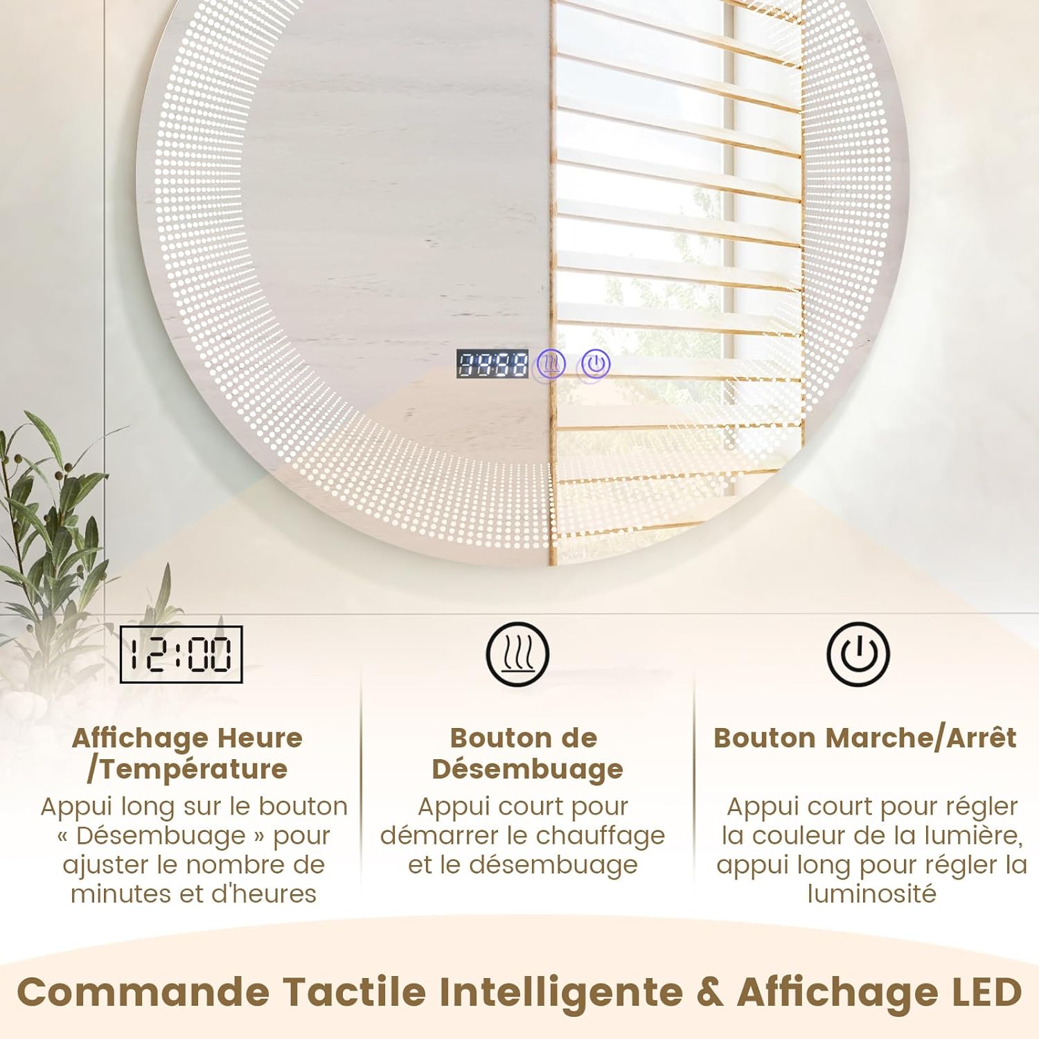 Specchio da Bagno a LED 60x60vm, Specchio Rotondo a Parete con Luci a 3 Colori, Lettura di Tempo e Temperatura, Funziona Anti-Appannamento e I - 4