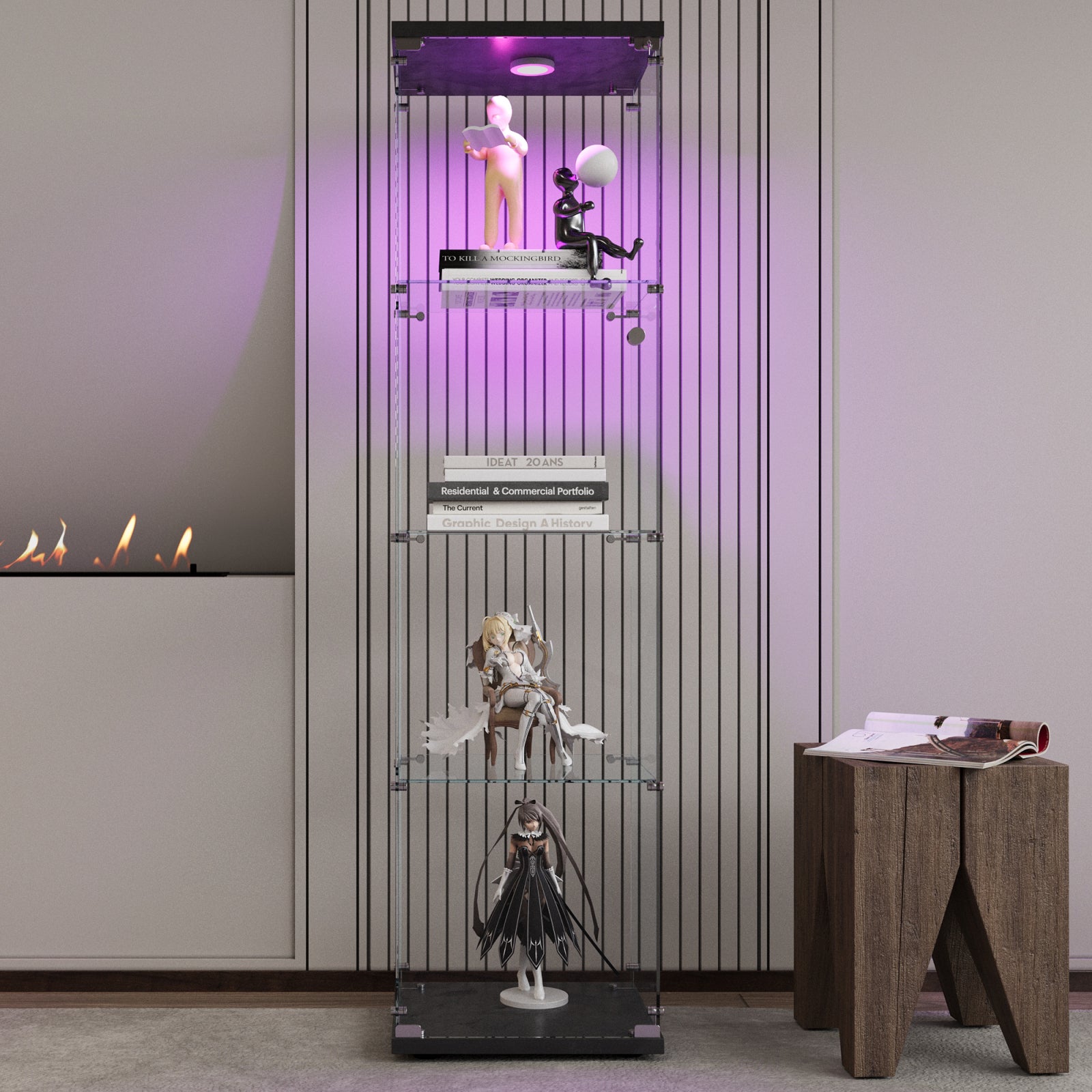 Vitrine pour collection, Vitrine en Verre, Transparent LED Vitrine moderne en verre 4 Couches avec 1 Porte, pour salon et chambre à coucher, bureau - 5
