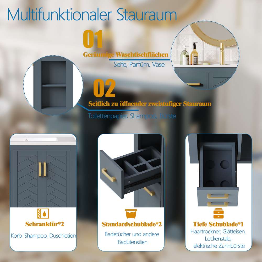Meuble sous-vasque moderne avec lavabo en céramique, 2 tiroirs, rangement spacieux 76,5×46,5×84 cm - 8